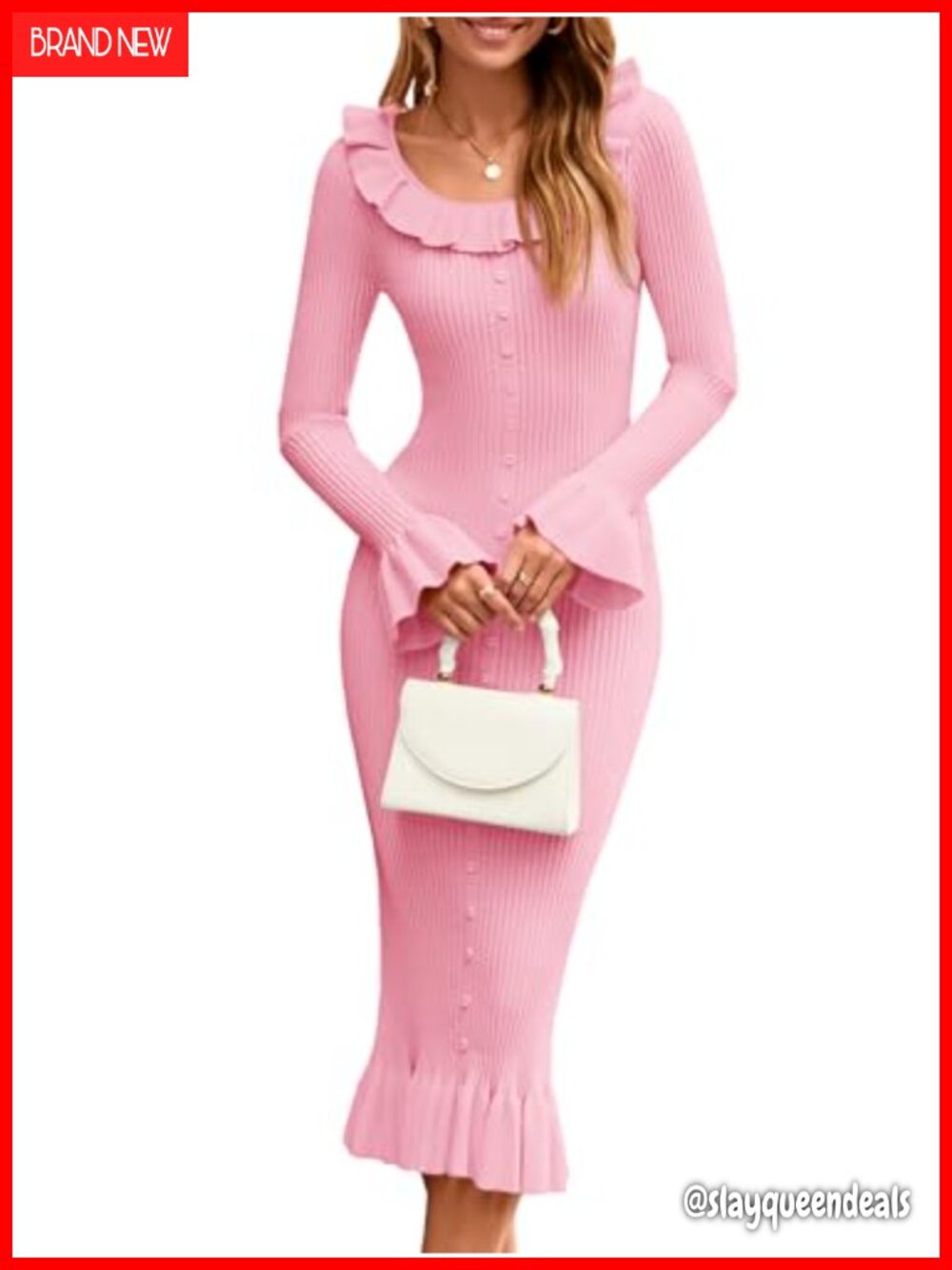 Womens Long Sleeve Ribbed Knit Bodycon Midi Sweater Dress Ruffled Neck
